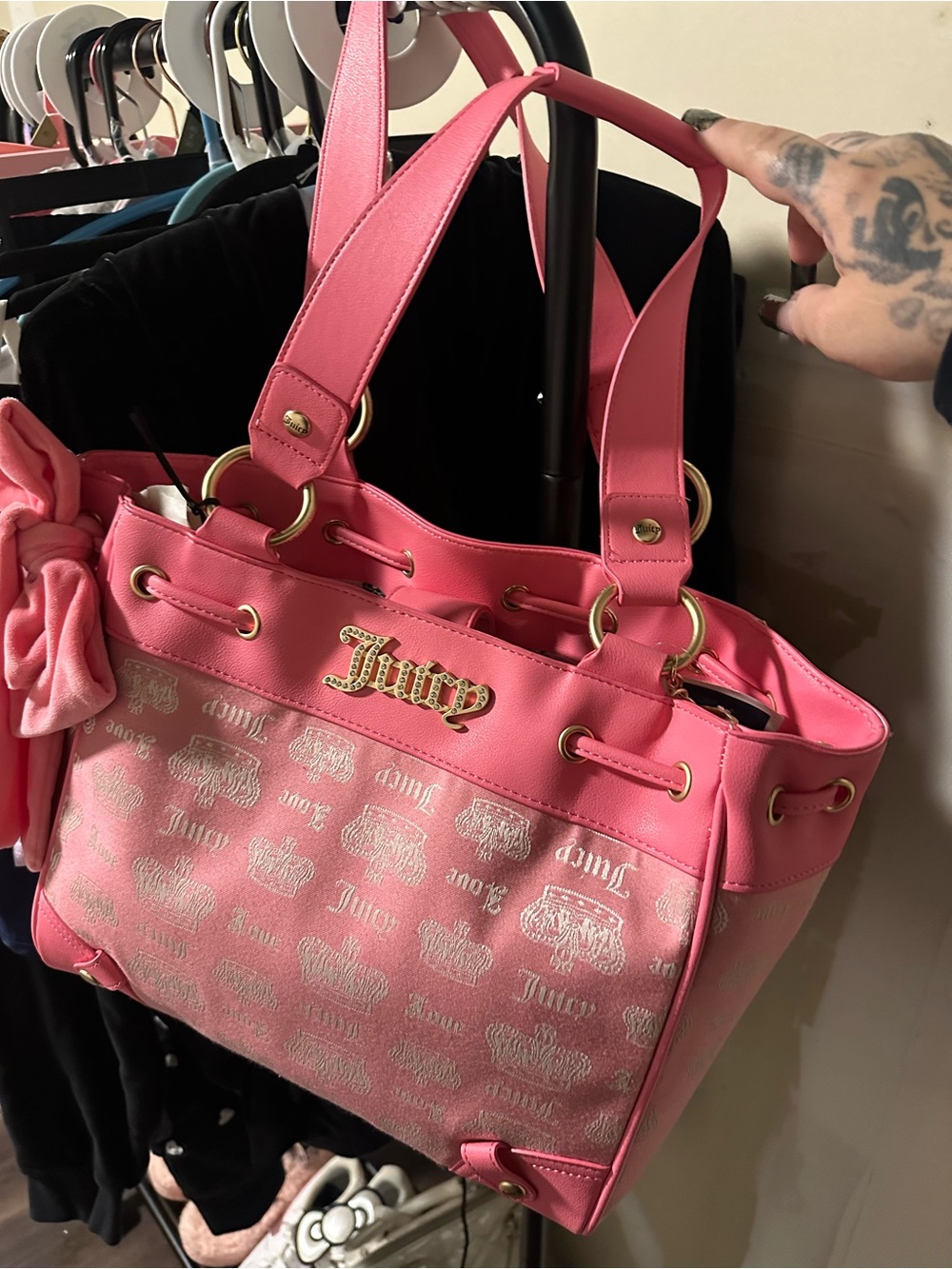 Juicy Couture Hot Pink Logo Drawstring Tote with Gold Hardware